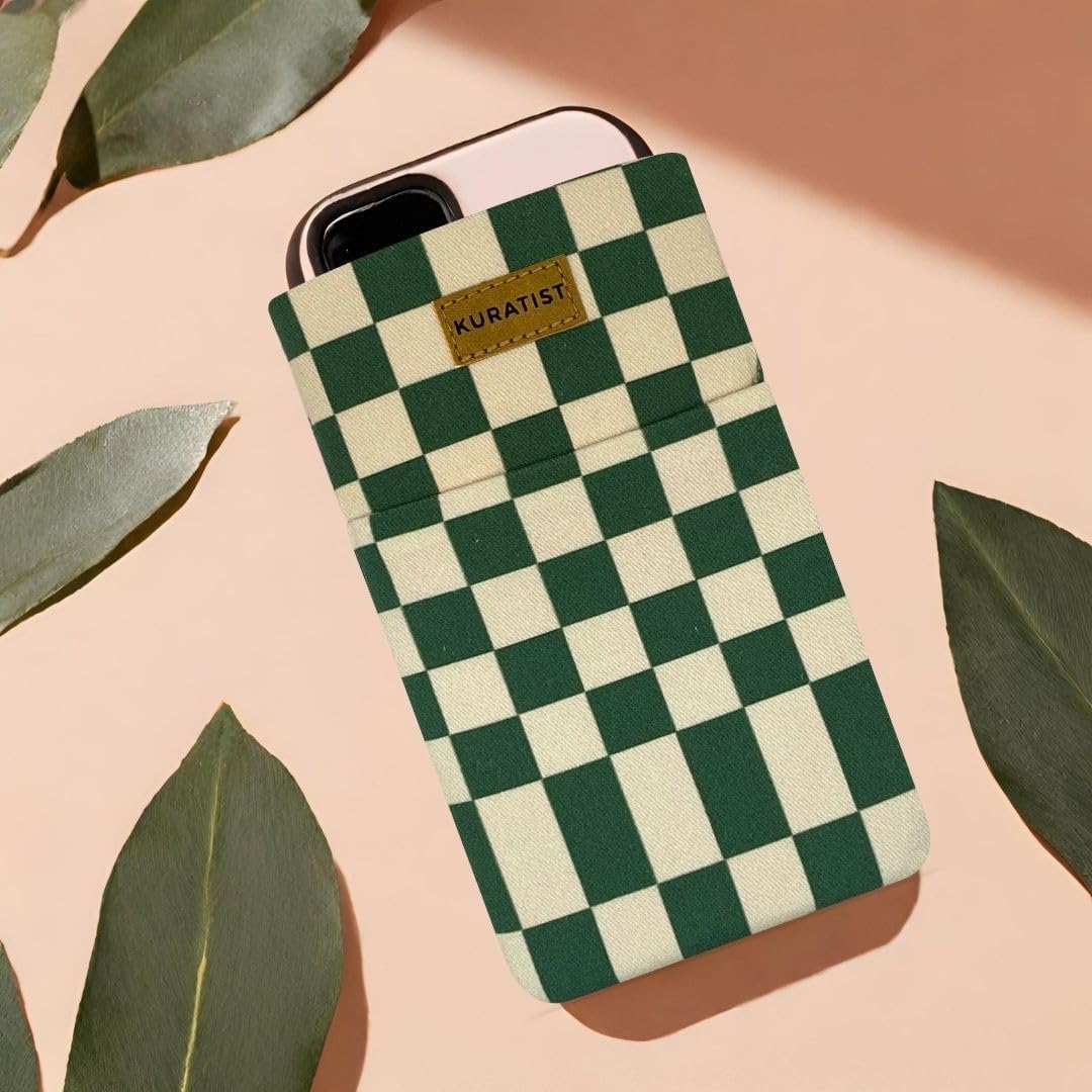 AHOI Padded Cotton Phone Sleeve with Flap Opening - Handmade Phone Case for iPhone 13/14/15 Pro, iPhone 13/14/15, Galaxy S22, and Other (up to 6.1 inches) (Green Checkers)