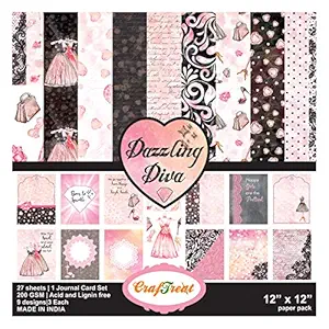 Printed Designer Background Paper Cutting Heart for Art and Craft Book - Dazzling Diva (12X12 Inches) - 27 Sheets