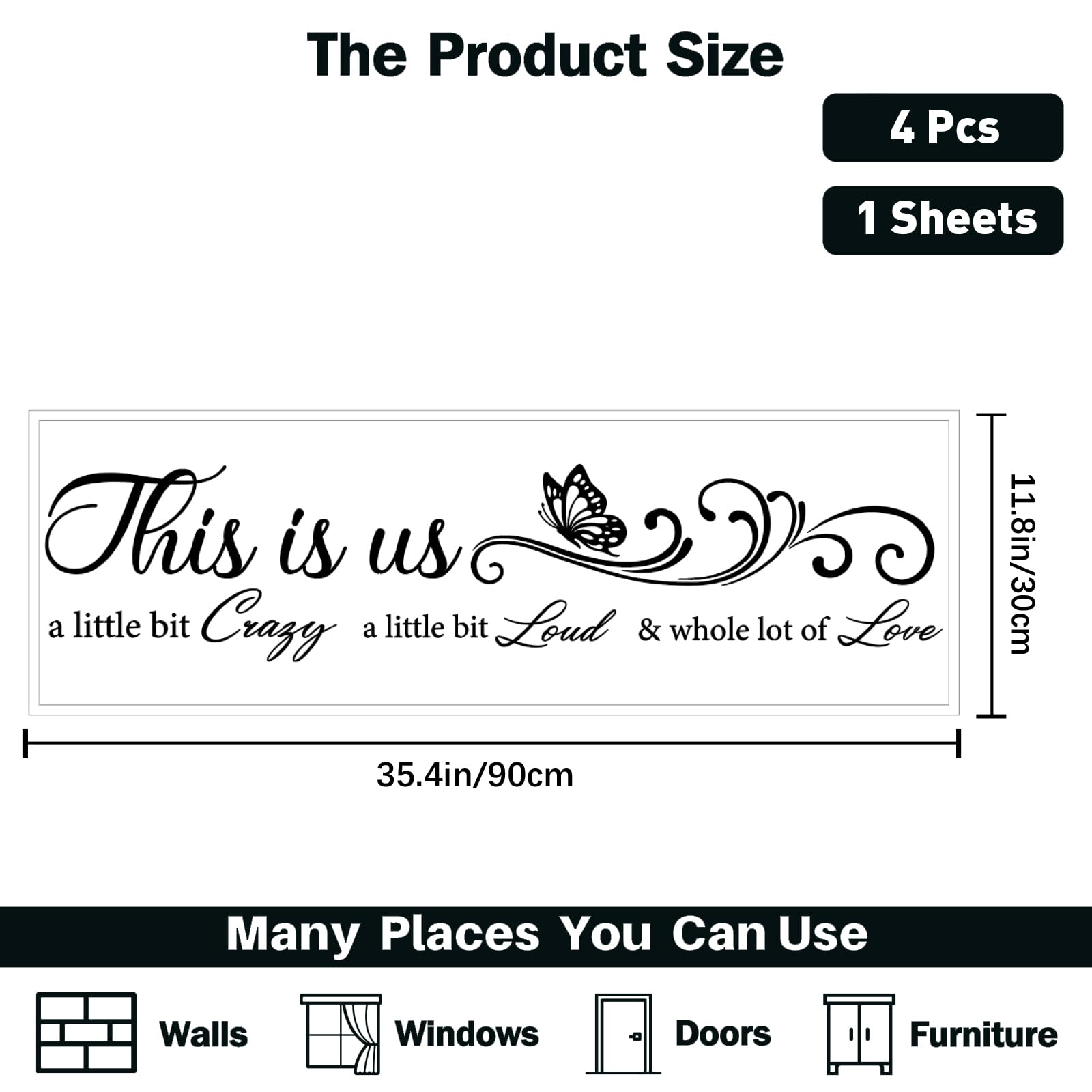 PLIGREAT Family Art Inspirational Quotes Wall Stickers This is us a Little Bit Crazy Saying Decals Removable Vinly Butterfly Stickers for Bedroom Living Room Kitchen Bathroom DIY Decor - Image 2