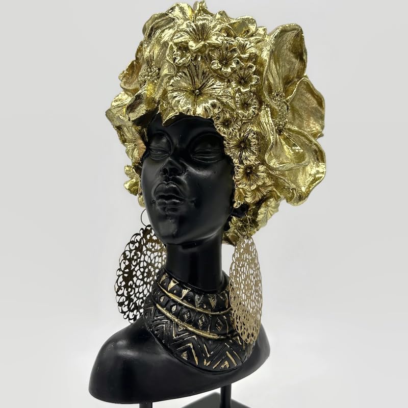 Figura Cabeza Mujer Africana en Resina Negra y Dorada miniatura 5