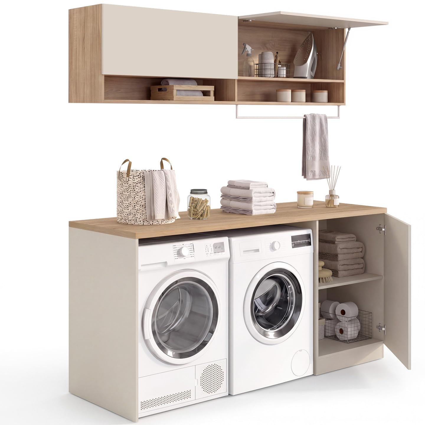 IDMarket – Mueble de lavandería, lavadora y secadora TOMI con encimera L. 180 cm y armarios Beige y Madera