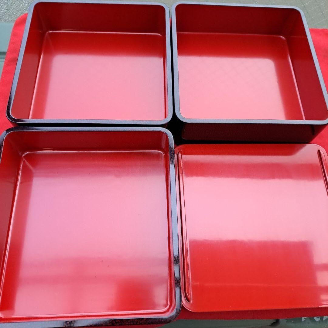 津軽塗七々子塗6.5寸三段重箱+台付き】堅地黒上、未使用/長期保管品