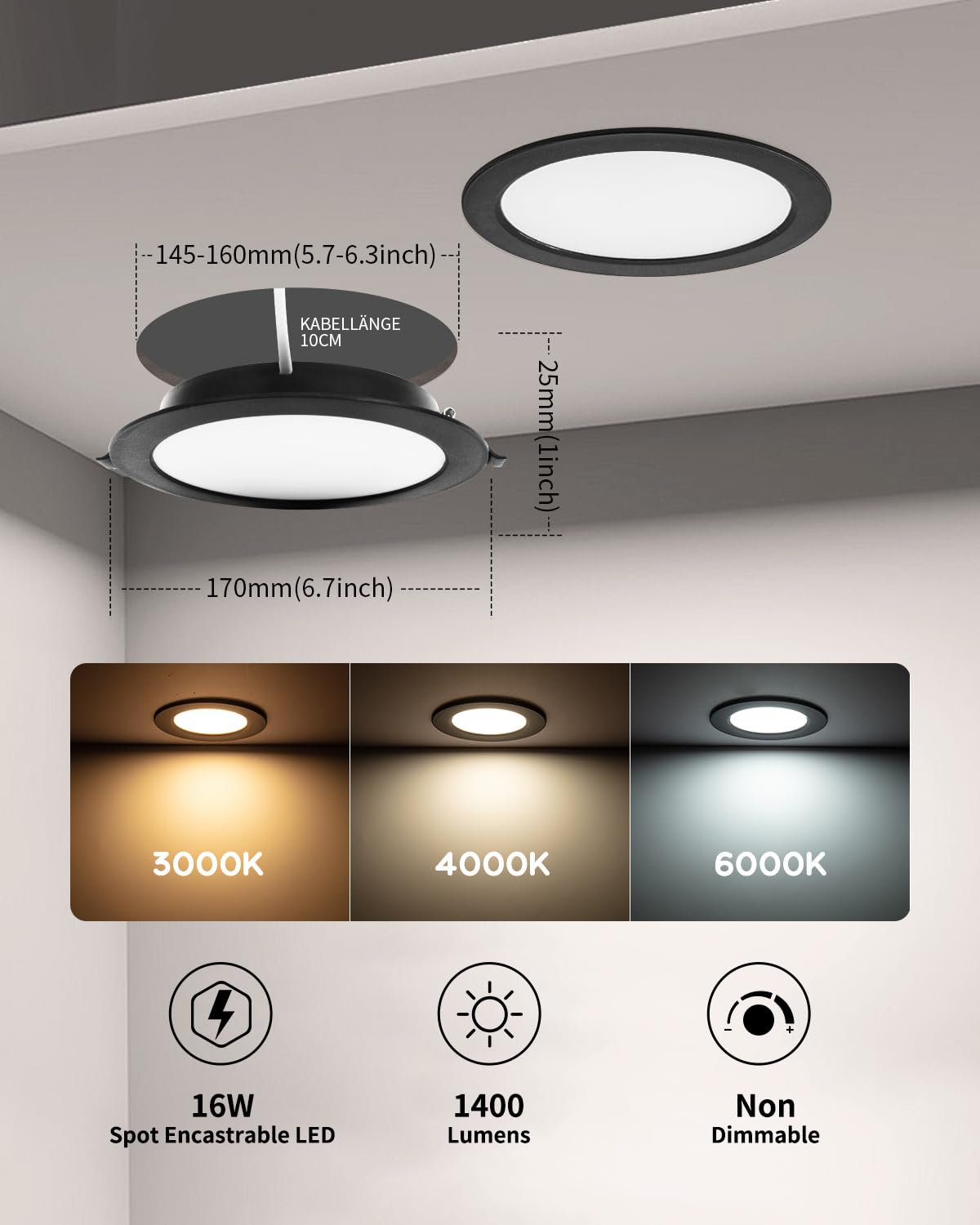 Lot de 2 Spot LED Encastrable Noir 16W, Spot Salle de Bain, IP44, Rond, 3000K/4000K/6000K, spot LED Plafond pour Cuisine Salon, Trou 145-160mm