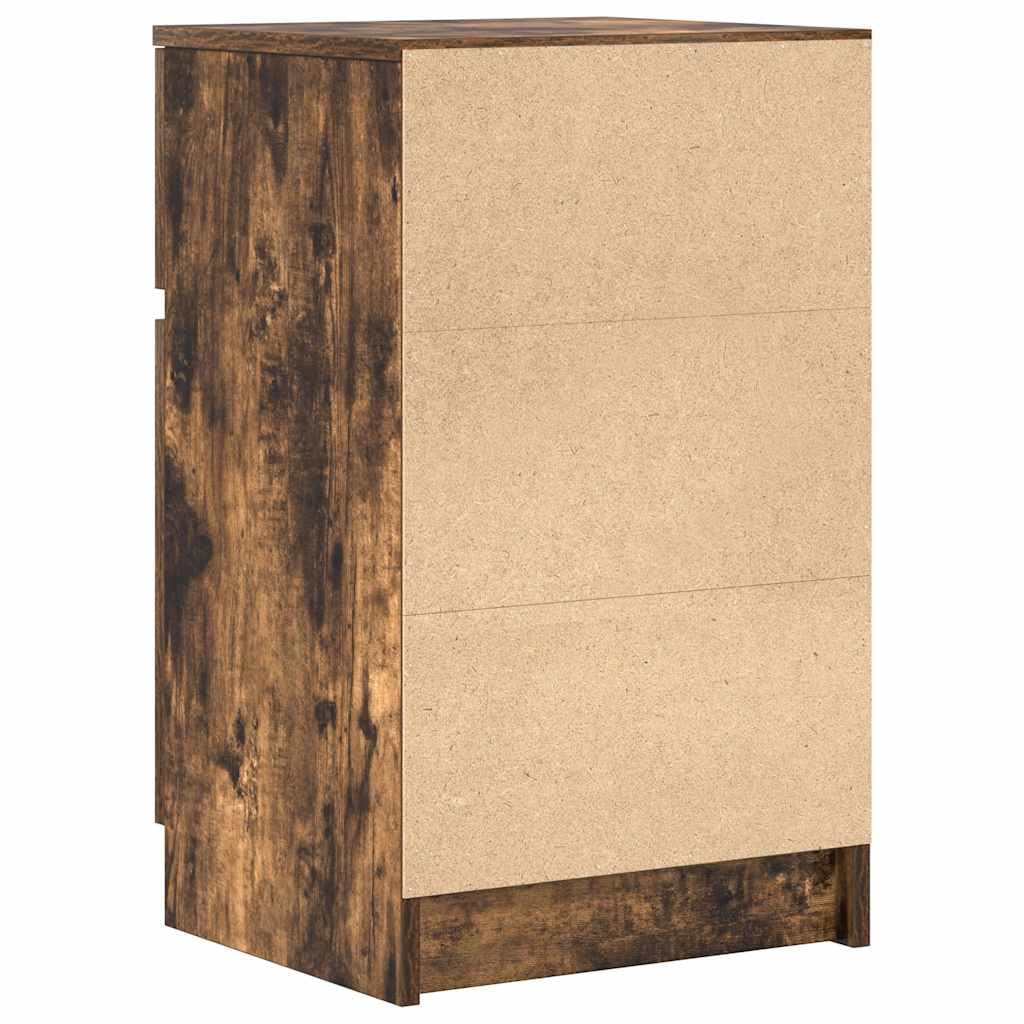 Elegante mesita de noche para dormitorio, roble ahumado, 39 x 35 x 65 cm, material de madera, fácil de limpiar, mesita de noche con superficie lisa, con placa estable y soporte de pared