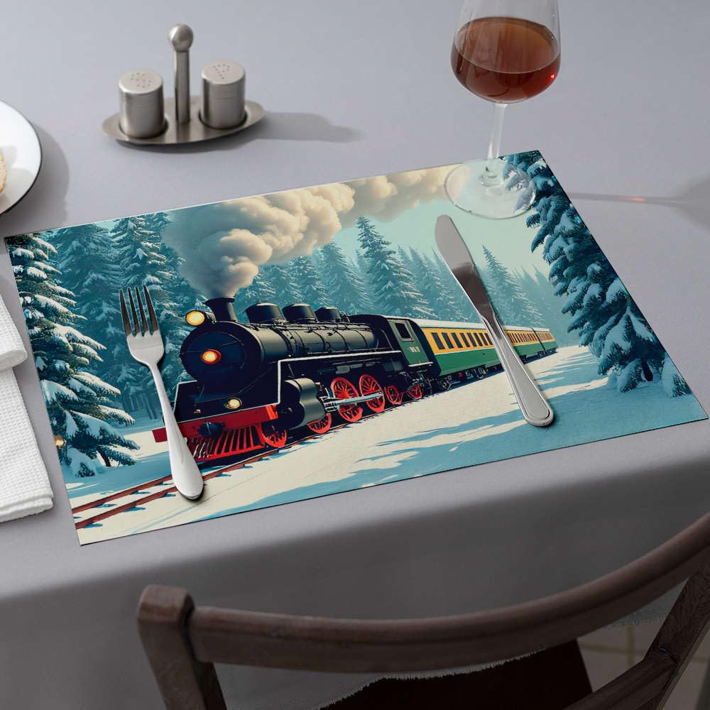 Chemin de table en tissu rustique motif train et forêt de Noël lot de 6 premium