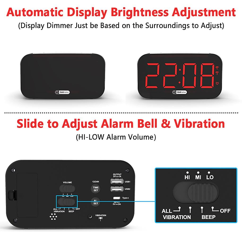 Extra lauter Wecker mit Bettschüttler, großes Display, vibrierend, Schlafzimmer, Digitaluhr, Dimmer, Nachtlicht, USB-Ladegerät