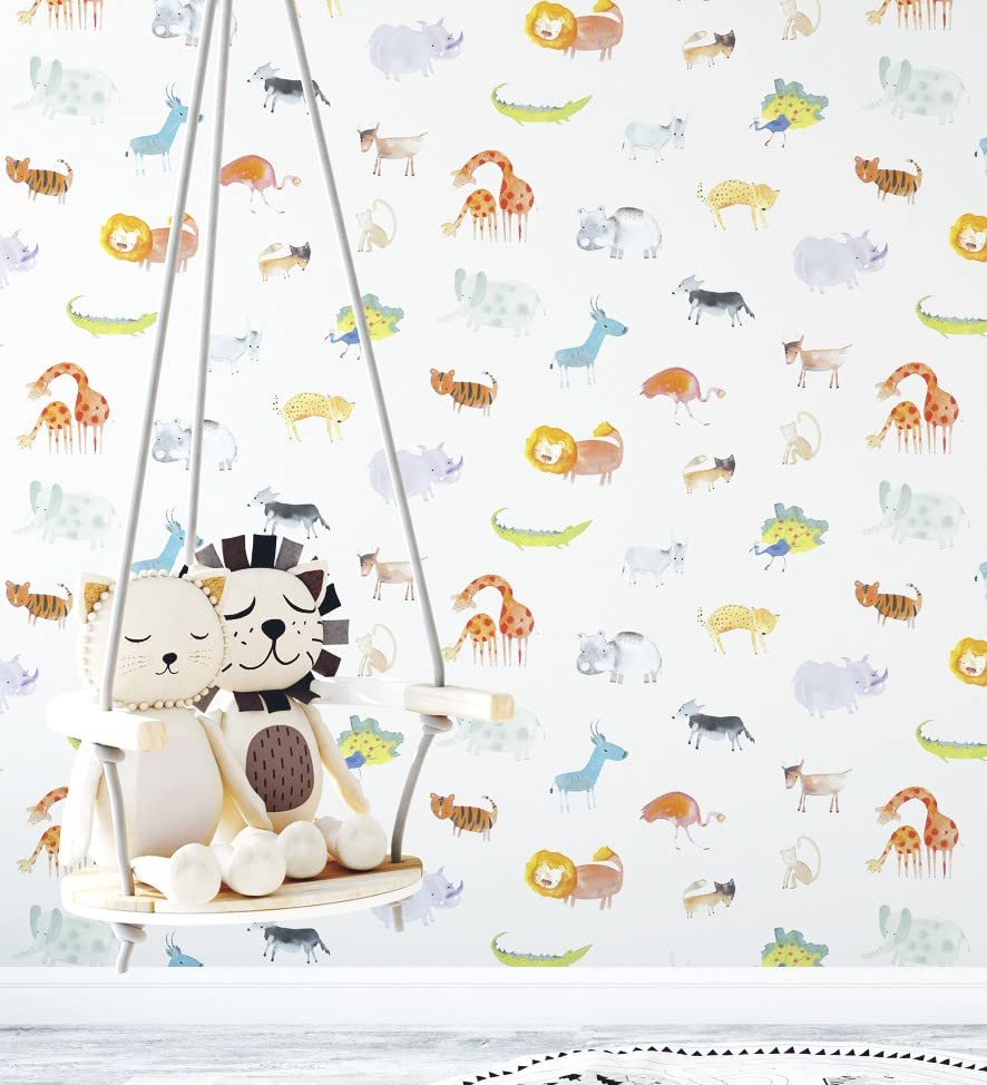 Papier peint animaux girafes éléphants tigres lions motifs zoo pour chambre garçon GAULAN
