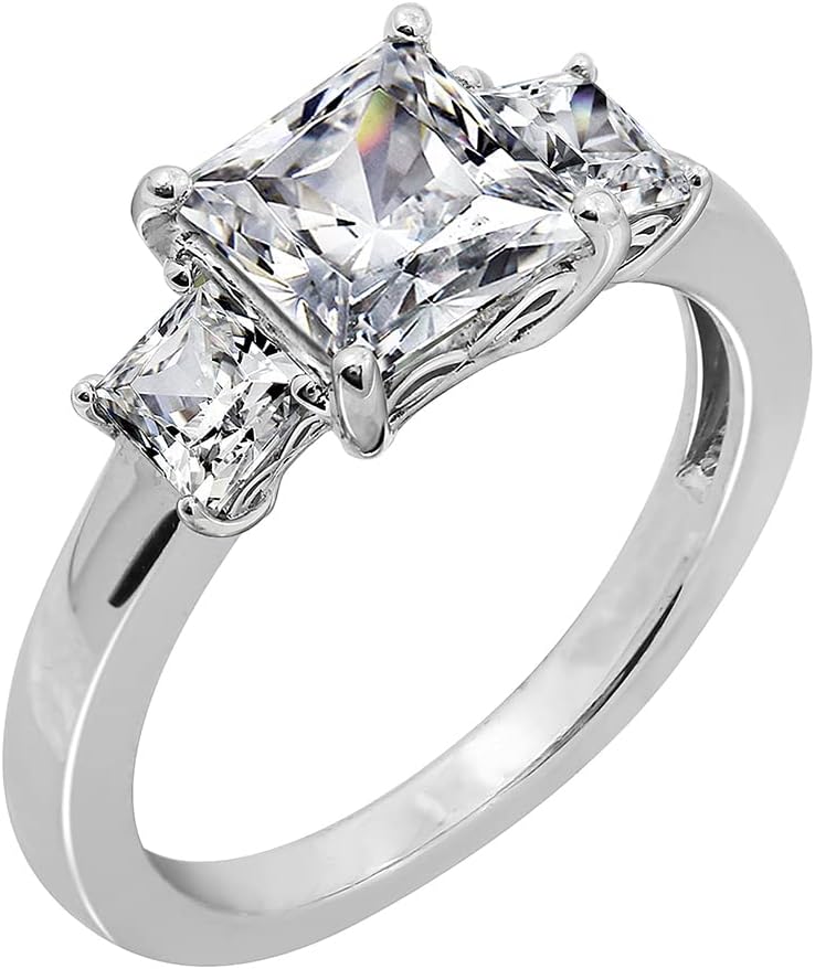 Platinum or Gold Plated Sterling Silver Princess-Cut 3-Stone Ring made with Infinite Elements Zirconia