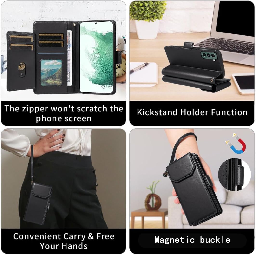 Asuwish Phone Case for Samsung Galaxy S22 Plus S22+ 5G Cell Wallet Cover with Tempered Glass Screen Protector Flip Credit Card Holder Slot Stand S22+5G S22plus 22S + S 22 22+ Women Men Black