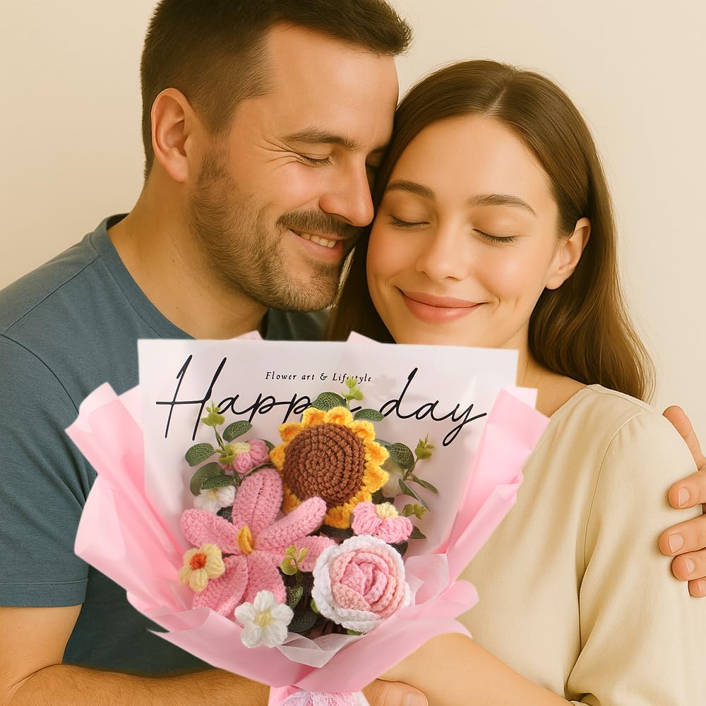 suyakota Crochet Flowers Bouquet Sunflower Tulips : Handmade Knitted Bouquet for Valentine's Day Mother's Day Birthday Home Decor Girlfriend Graduation (Pink)