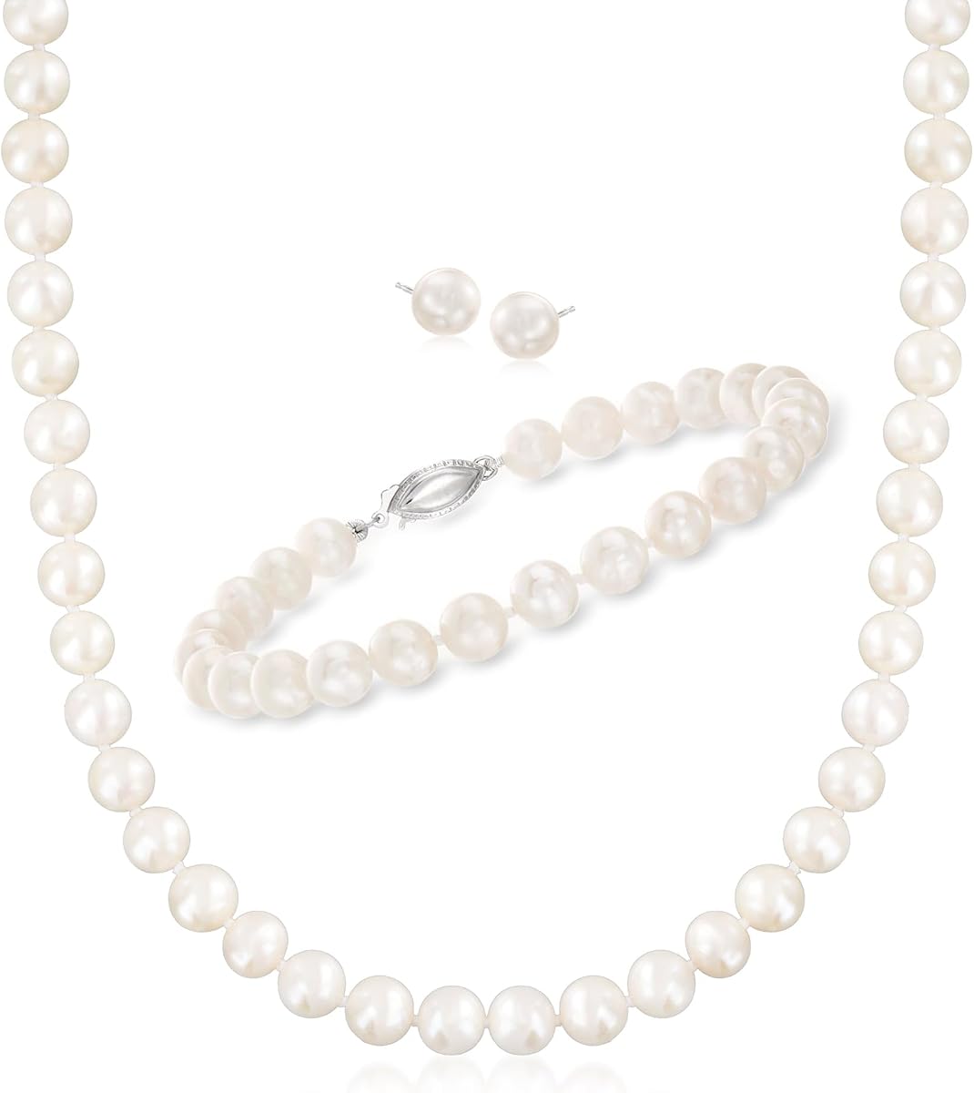 Conjunto de joyería con perlas cultivadas de 7 a 7,5 mm: collar, pulsera y aretes en plata de ley
