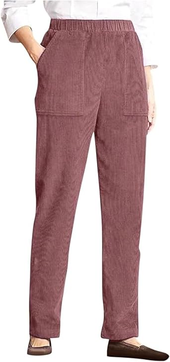 BIRW Corduroy Pants for Women Elastic High Waist Pull On Straight Leg Slacks Casual Trousers with Pocket