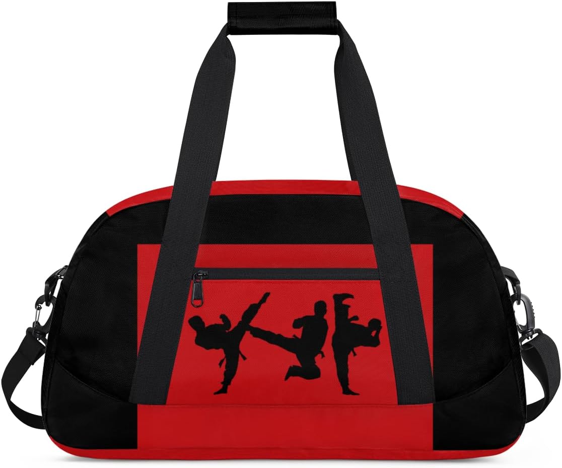 Sports Duffel Bag for Boys Martial Art Silhouette Black Red, Sports Gym Tote Workout Bag Named Rank Travel Overnight Training Bag