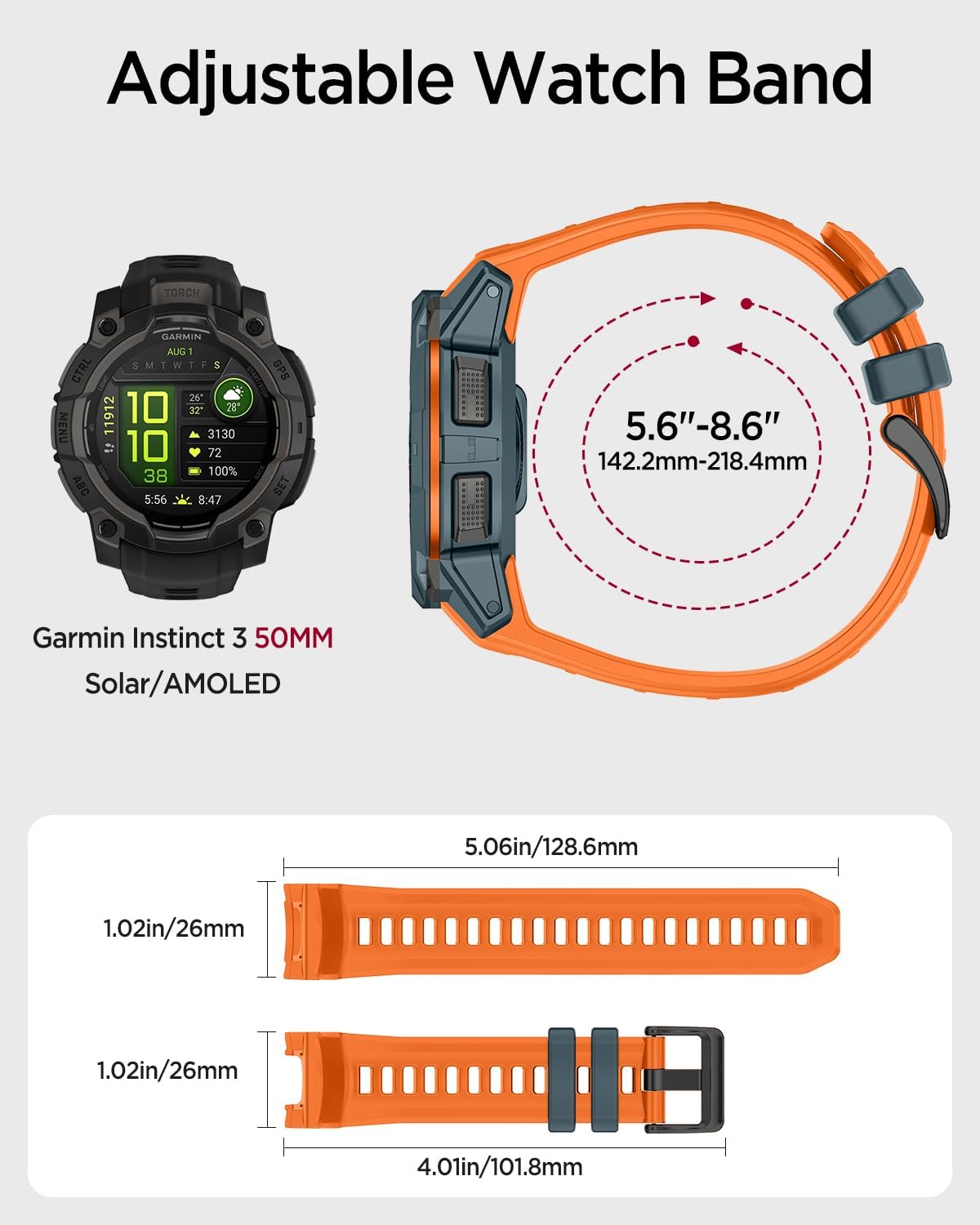 Miimall Silicone Band for Garmin Instinct 3/E 45mm Sport Strap, 22mm/26mm Waterproof Adjustable Watch Bracelet Replacement Wristband for Garmin Instinct 3 SOLAR/AMOLED for Men and Women - Image 4