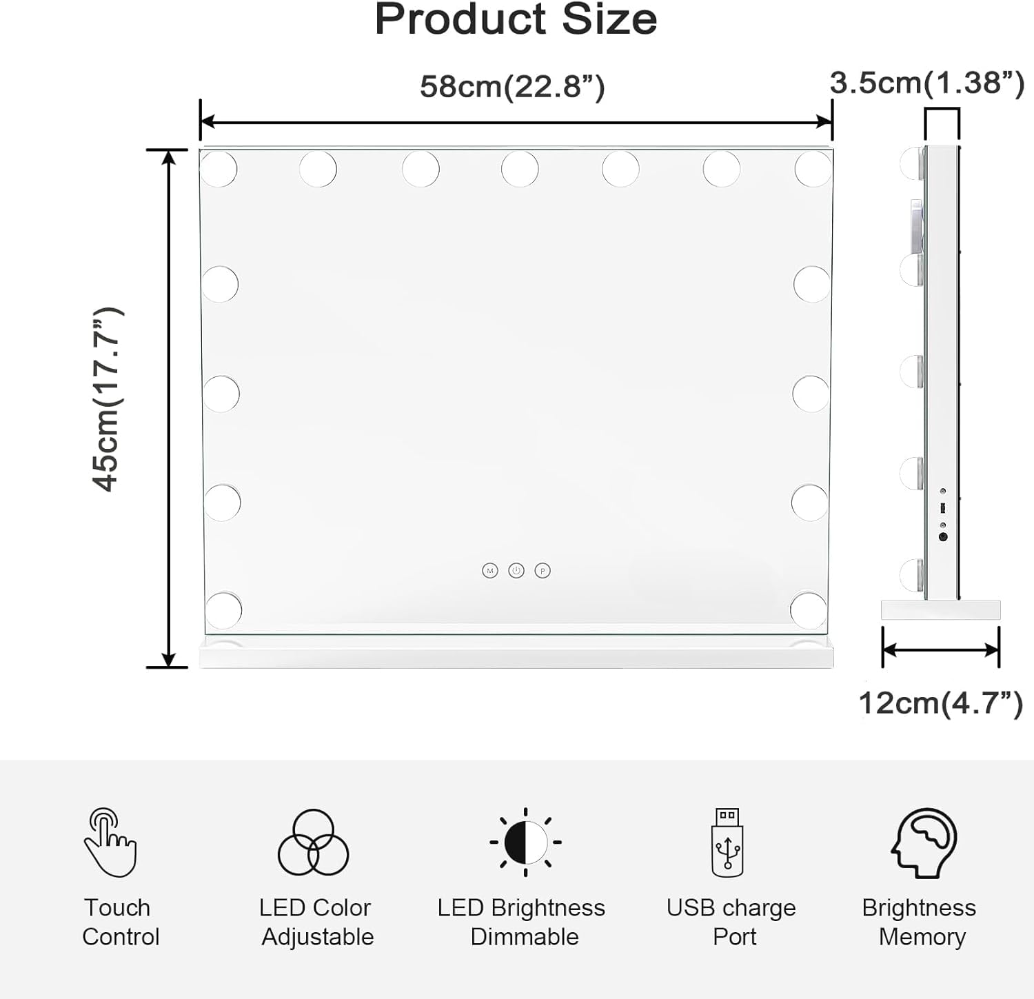 Dripex Espejo Maquillaje con Luz Grande 58x45 cm LED Dimmable 3 Colores 10X Aumento Puerto USB