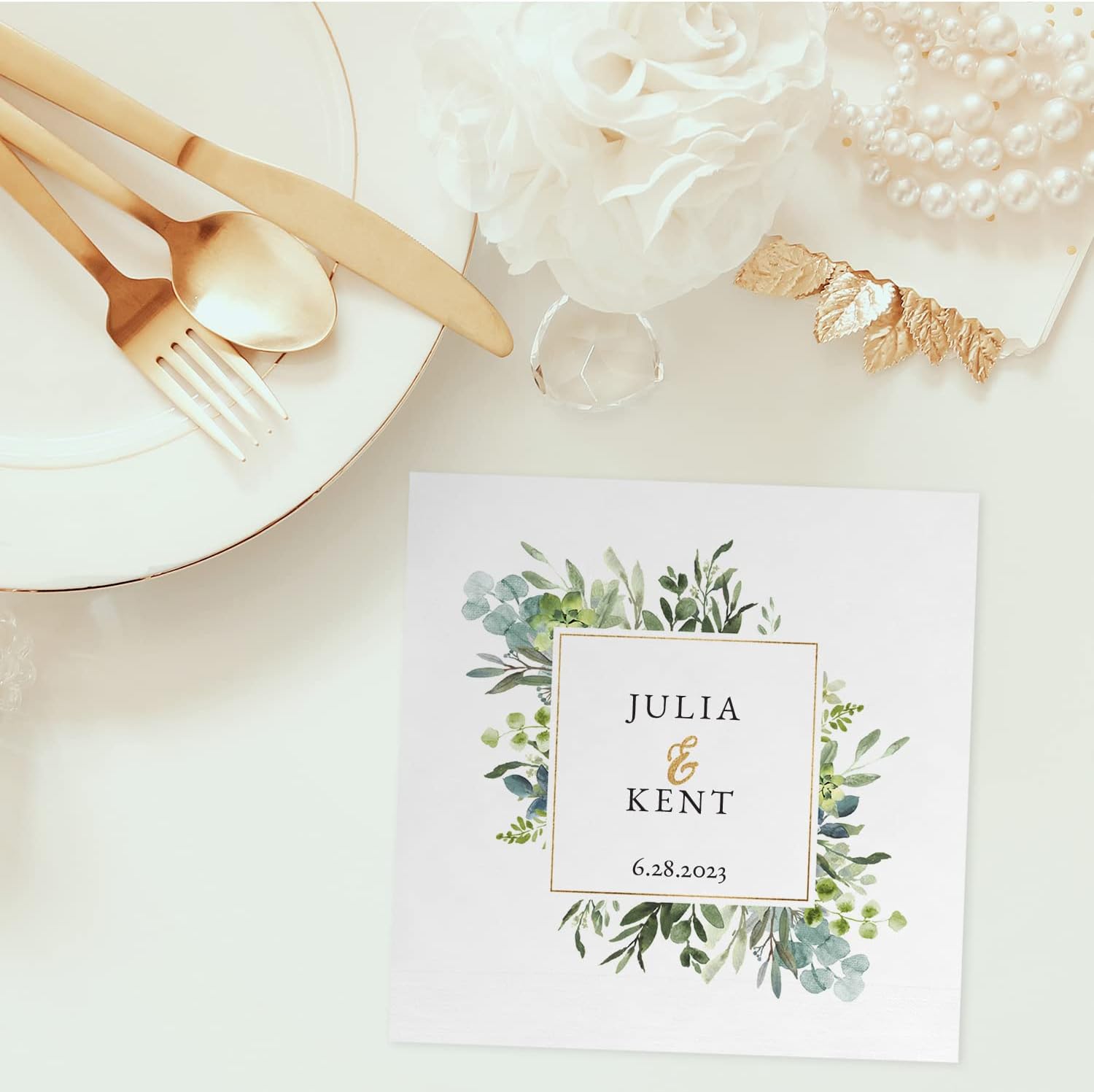 Greenery Wedding Personalized Dinner Napkins / 100 Custom 6 1/2" x 6 1/2" Luncheon 3 Ply Napkins/Elegant Lush Floral Napkin Design/Bridal Shower Couples Anniversary Event Napkin/Made In The USA