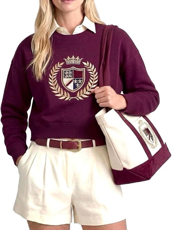 Matching 4-Pcs Gift Set: Cotton Cropped Loose Pullover, Canvas Tote, 18K Plated Necklace, Doll Bag Charm Outfit (No Doll)