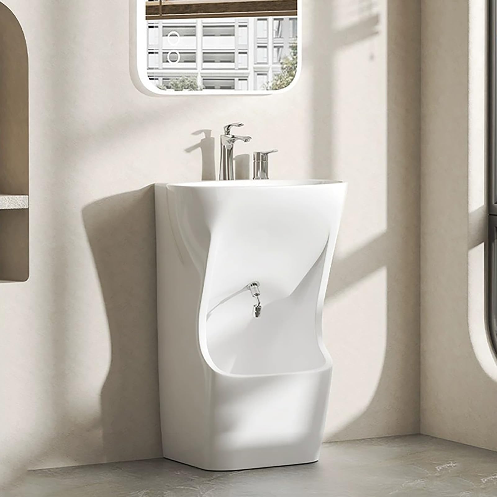 Lavabo in ceramica, lavabo Wudu autoportante con doppi rubinetti e pediluvio per lavare le mani e il viso