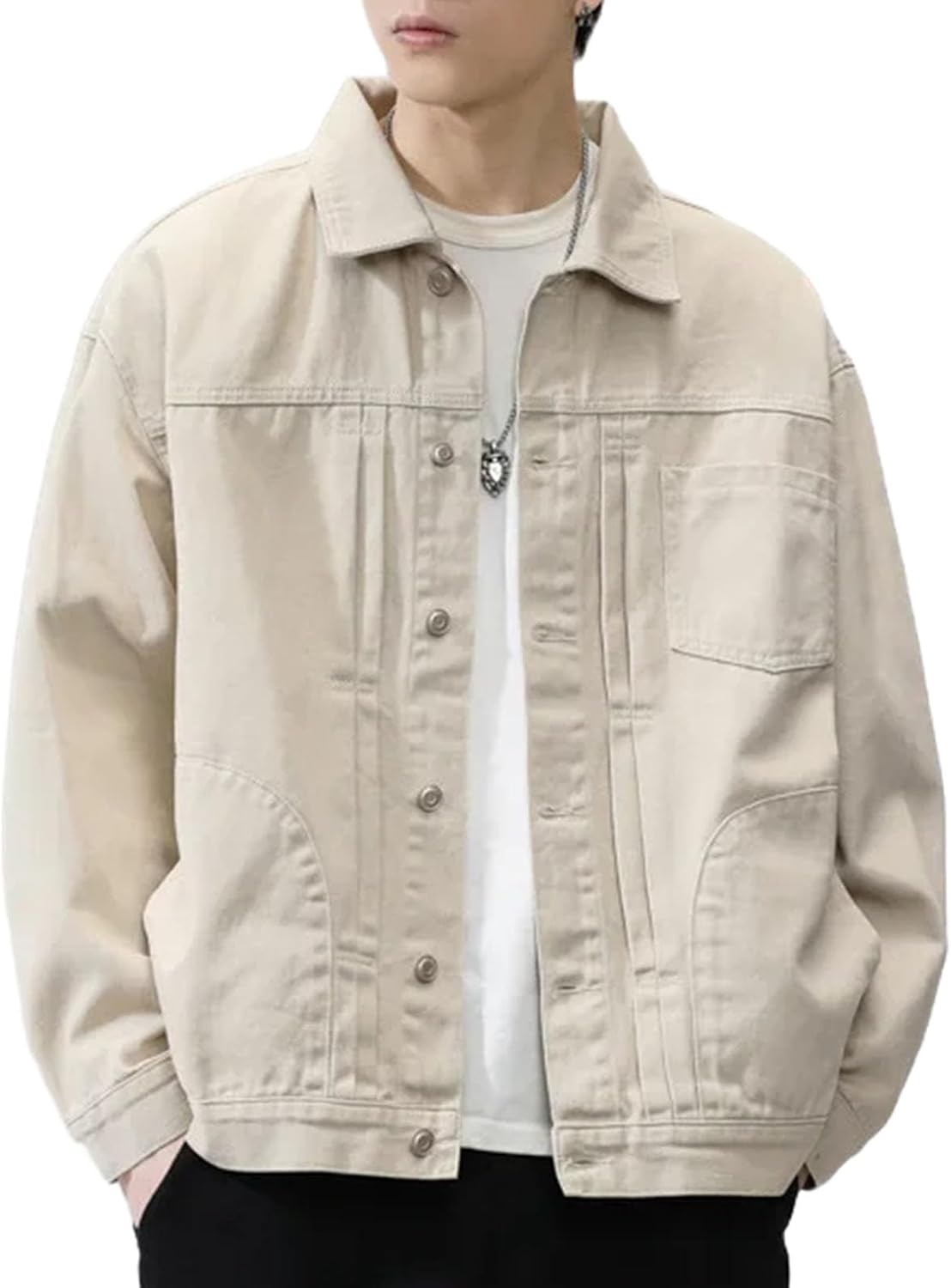 Mens Cotton Lapel Cargo Jacket Vintage Style Upscale Casual Denim Spring Outerwear