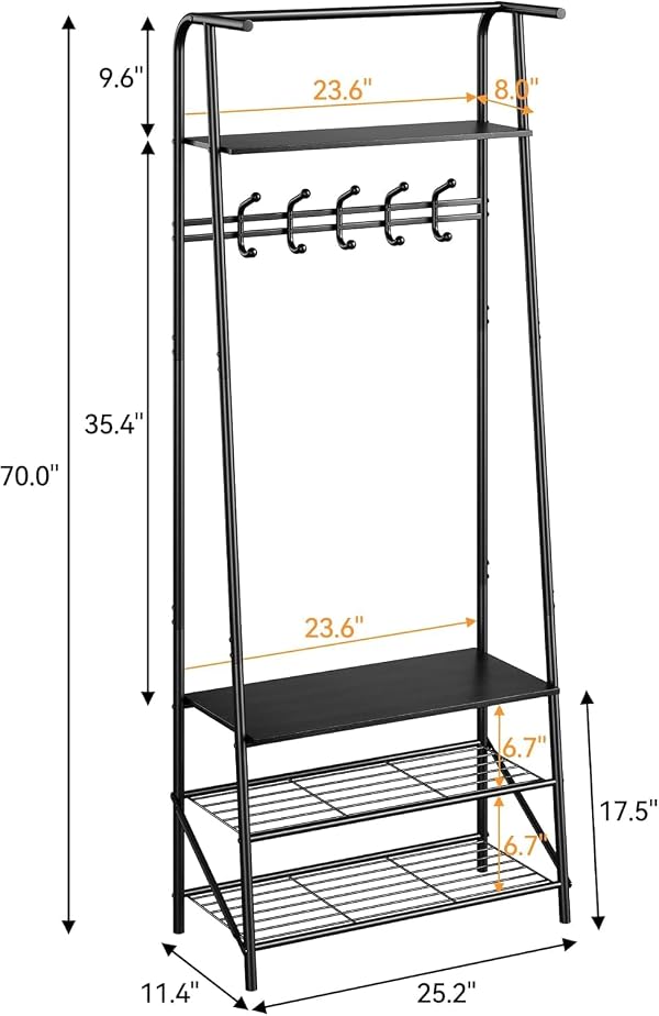 IDEALHOUSE Coat Rack Shoe Bench with 5 Hooks, Hall Trees Entryway Bench with Storage, Wood Look Accent Furniture with Metal Frame for Entryway, Living Room, Bedroom (Deep Black) by IDEALHOUSE - Used condition - Image 2
