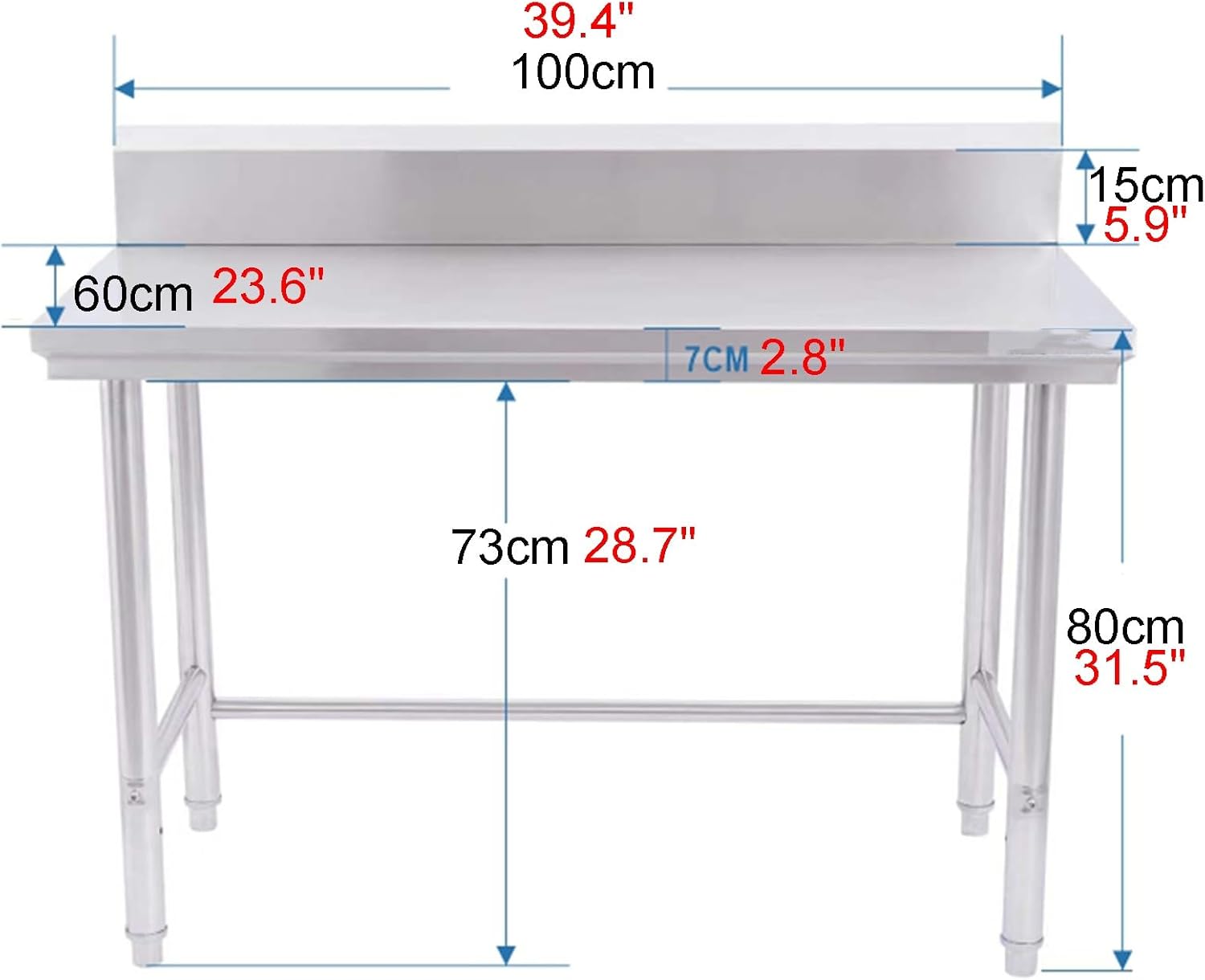 Thickened Stainless Steel Work Table Kneading Table with Backrest Design Reinforced Column Support Adjustable Foot Cushion(39.4x23.6x31.5in)