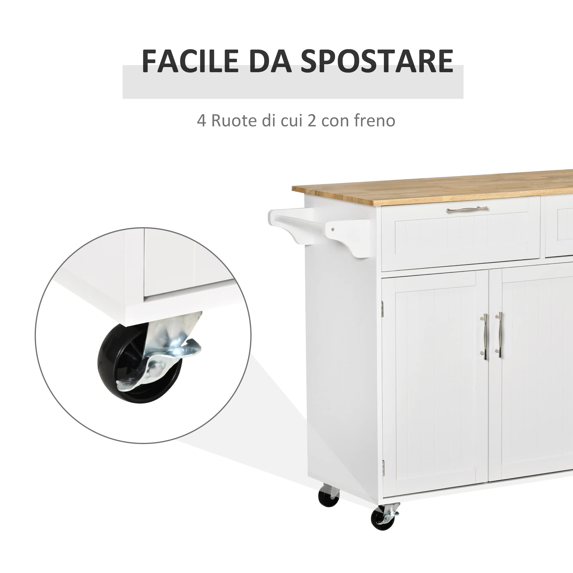 HOMCOM Carrello da Cucina Multiuso con 2 Cassetti, 3 Antine e 4 Ruote, in Legno e MDF, 121x46x91cm, Bianco