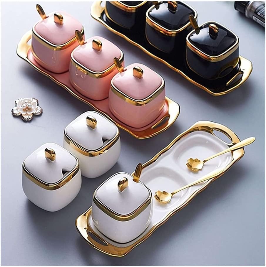 Modern Spice Box Seasoning Jar, Set of 3 Salt Pot Seasoning Canister, Porcelain Condiment Pot Salt Container with Lid, Spoon and Tray (Color : Orange, Size : 3 Set)