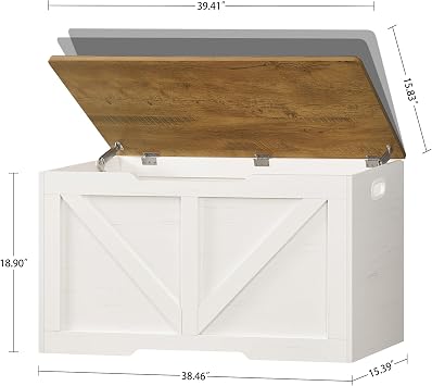 usikey 39.4 Storage Chest, Toy Box with 2 Safety Hinges, Lift Top Wooden Toy Chest, Storage Bench, for Living Room, Bedroom, Entryway, White+Honey Brown
