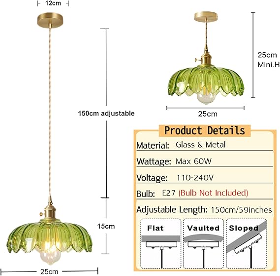 HJXDtech Vintage kristallen hanglamp met messing E27 lamphouder en schakelaar, lotusvormige verstelbare plafondlamp voor keuken, eetkamer en woonkamer (groen) photo 2