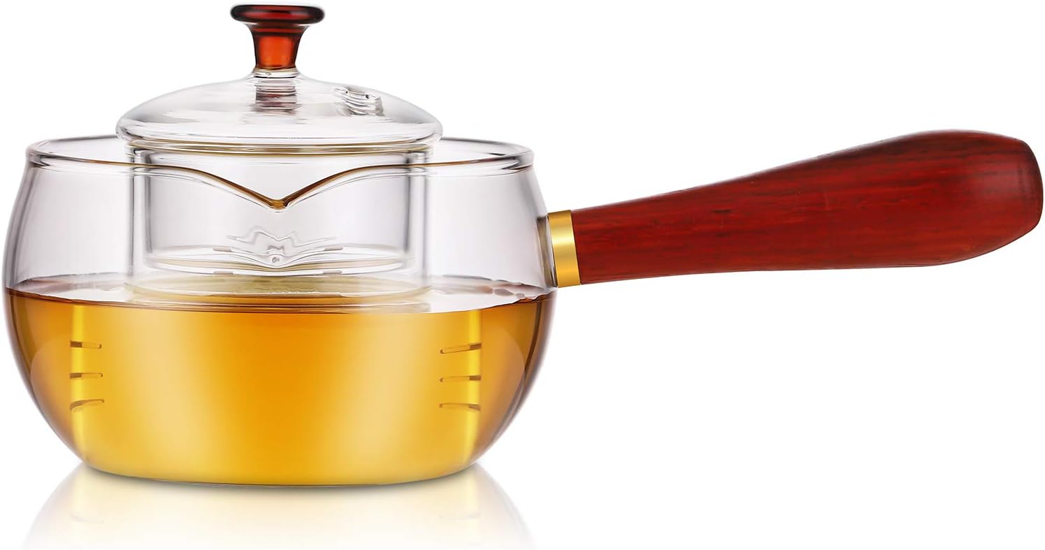 Stovetop Safe Glass Teapot With Liner Filter,17 Ounce Glass Tea Maker With Wooden Handle,Mini Office Boil Tea Ware for Loose Leaf