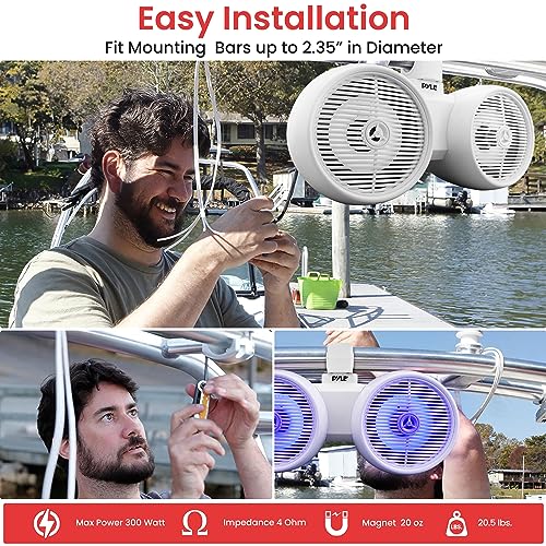 Pyle Dual Bluetooth Off-Road Speakers - 8” 300W 2-Way Marine Waterproof Wakeboard Tower Sound System w/LED Light, Full Range Outdoor Stereo Speaker for Car ATV Jeep Boat, Includes Brackets (White) by Pyle - Used condition - Image 4