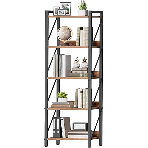 HOOBRO Bookshelf, 5-Tier Industrial Bookcase, Book Shelf Storage Organizer, Tall Bookshelf with Metal Frame for Living Room, Bedroom, Home Office, Kitchen, Rustic Brown and Black BF73SJ01