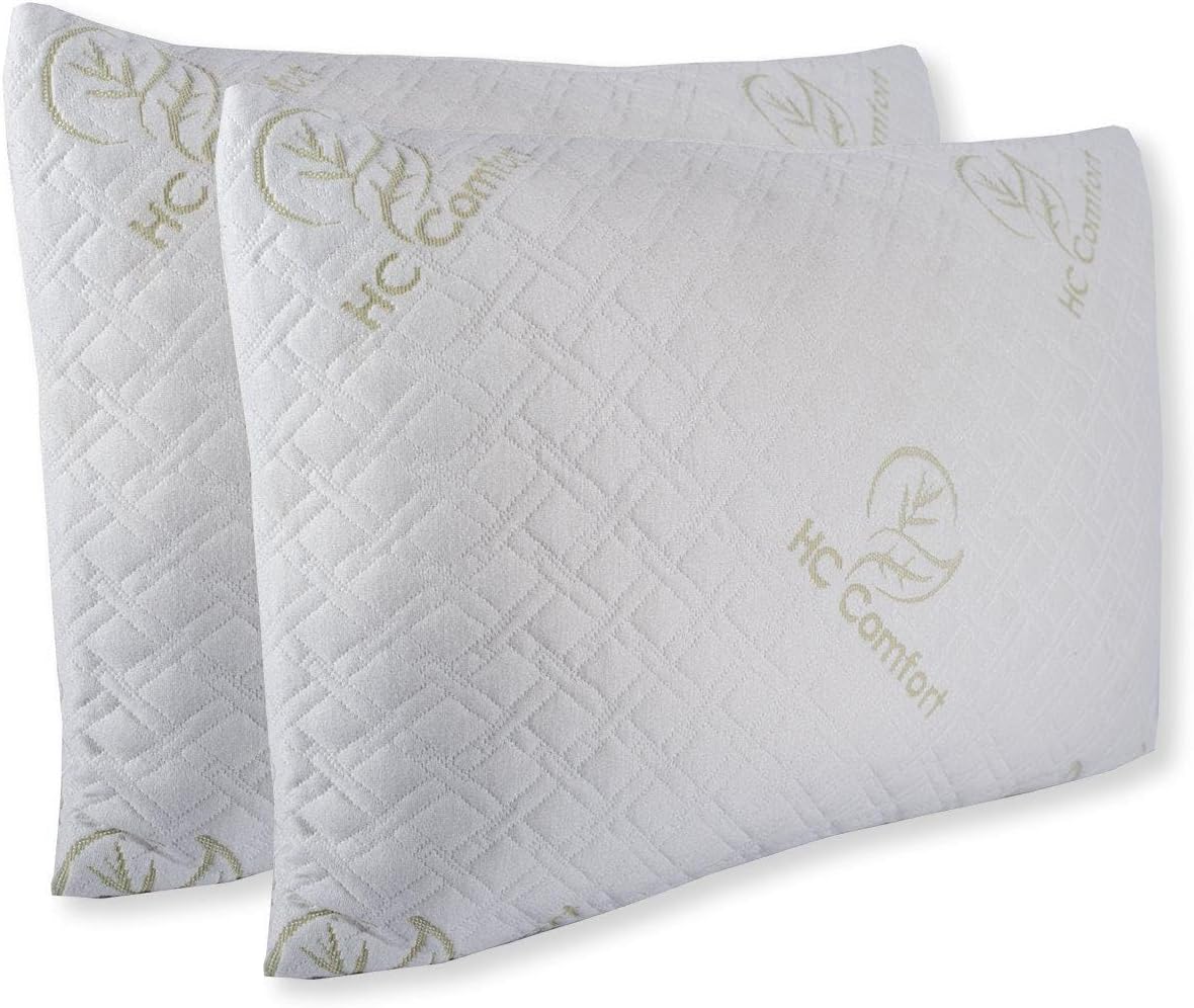 HC Comfort Premium Memory Foam Pillows - Queen Size - Set of 2 - Stay Cool Bamboo Cover with Zipper - Hypoallergenic and Dust Mite Resistant