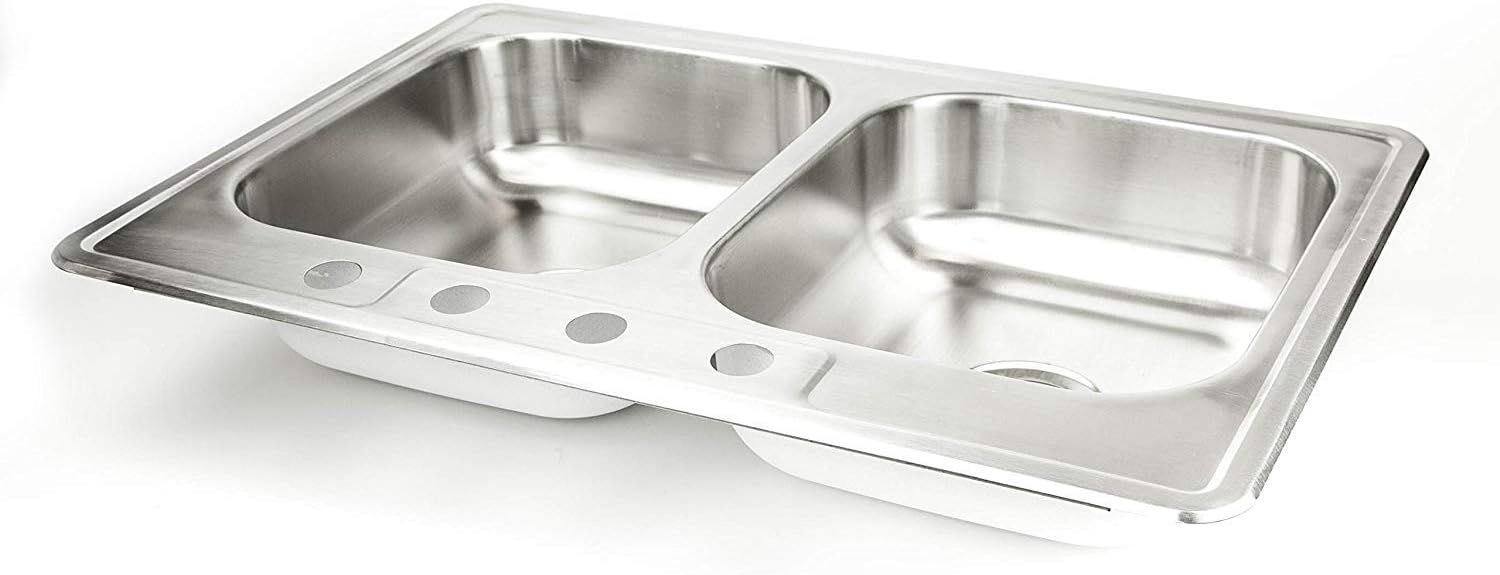 Drop In Stainless Steel Sink 33” x 22” x 8” Top Mount Kitchen Sinks 20 Gauge 50/50 Double Bowl Deep Dual Basin 33 Inch 22 Inches Self Rimming Dropin Over Mount T-304 20G Four Hole Design Great for RV