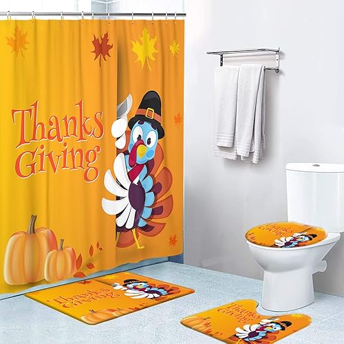 Miniatura 4 de Ansouyi Juego de 4 cortinas de ducha de baño con alfombras antideslizantes, cubierta para tapa de inodoro y tapete de baño, diseño abstracto de