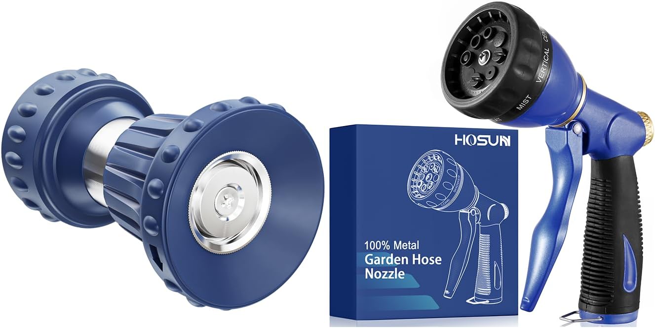 HOSUN Fireman Hose Nozzle & Garden Hose Nozzle, 100% Heavy Duty Metal, Water Hose Nozzle with 8 Different Spray Patterns