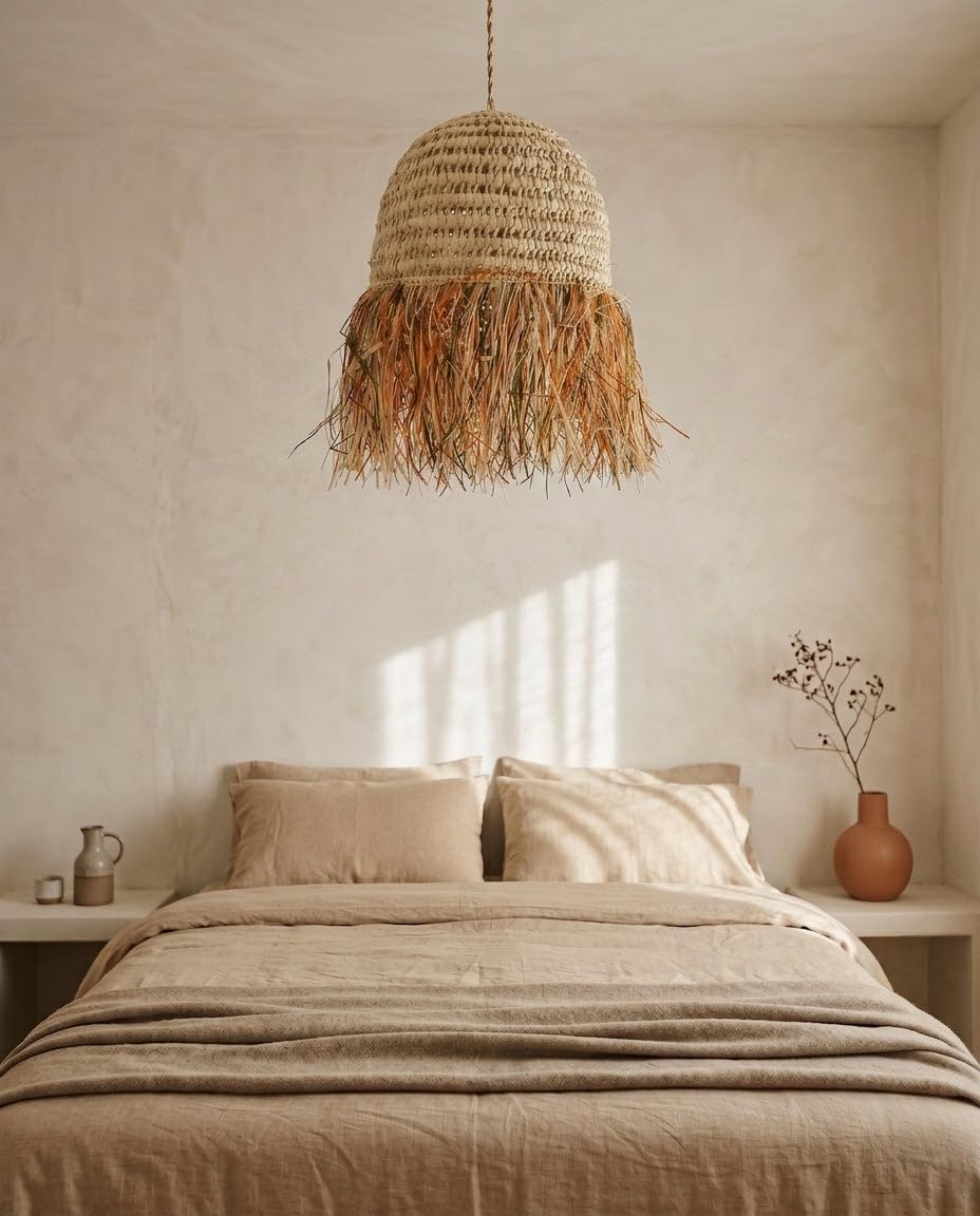 Suspension en Osier Tressé Main - Cloche à Franges Raphia - 40 cm