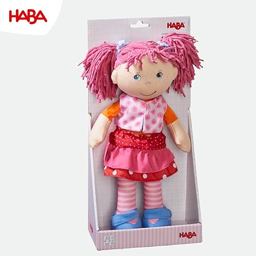 Miniatura 8 de HABA Lilli-Lou Muñeca Blanda de 12 Pulgadas con Cabello Rosa en Colas de Rabo, Ojos Azules y Cara Bordada, Muñeca para Bebé Lavable a Máquina para