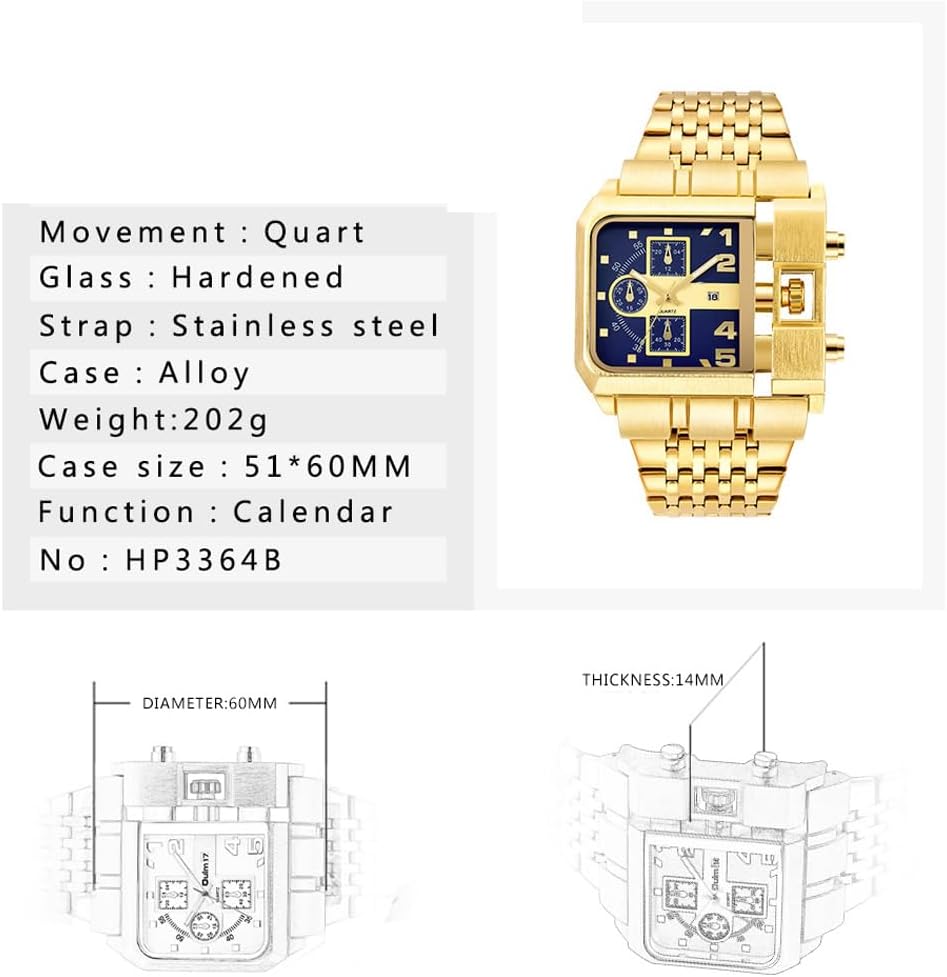 Reginald Hip hop 53MM Men's Large Face Watch for Men Square Novel Face Dial Stainless Steel Quartz Leather Strap Watches