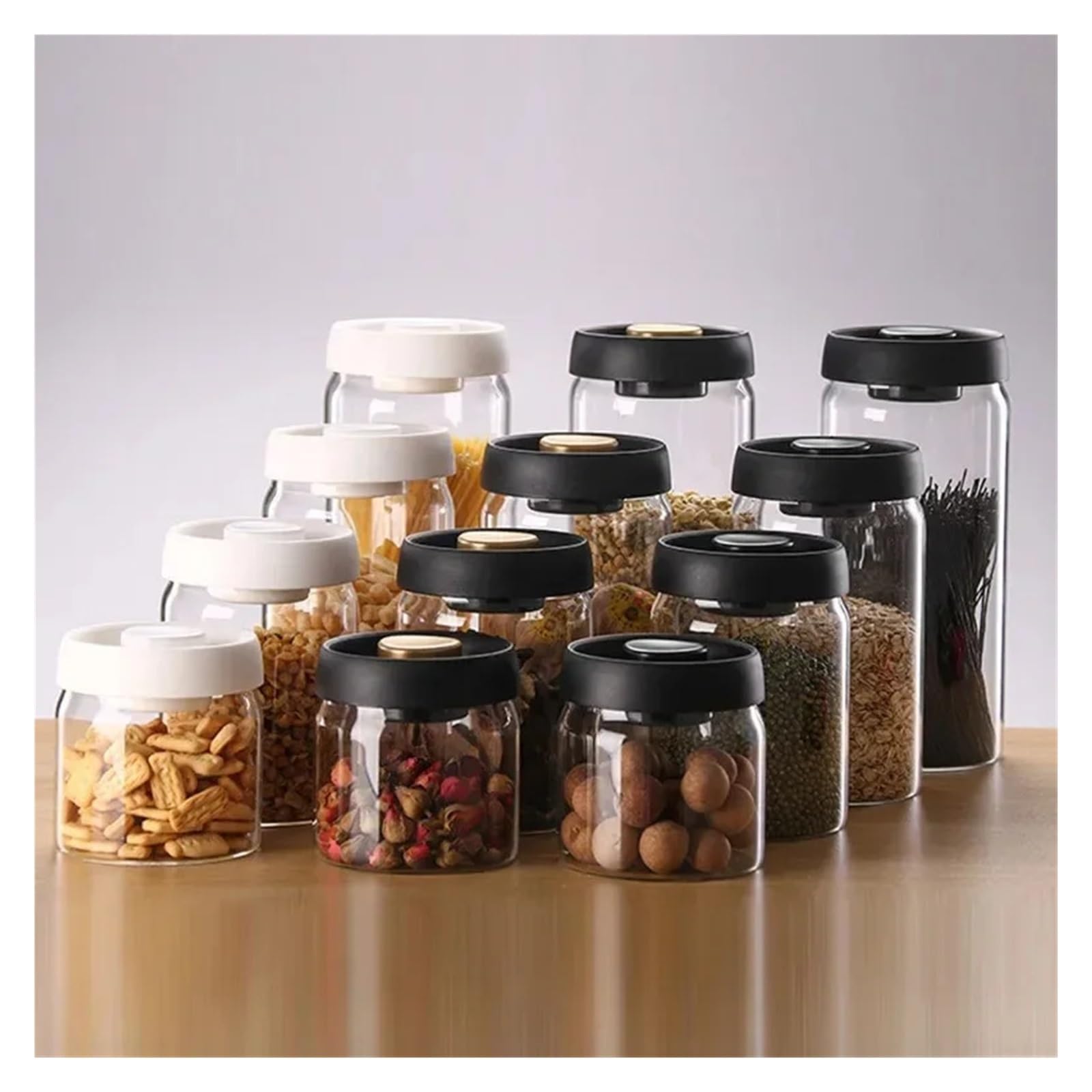 Vakuum-Glasvorratsglas, transparenter luftdichter Behälter | Für Kaffeebohnen und Getreide, manuelles Vakuumpumpen, feuchtigkeitshemmend, 500 900 1200 1800ml(1200ml Golden)