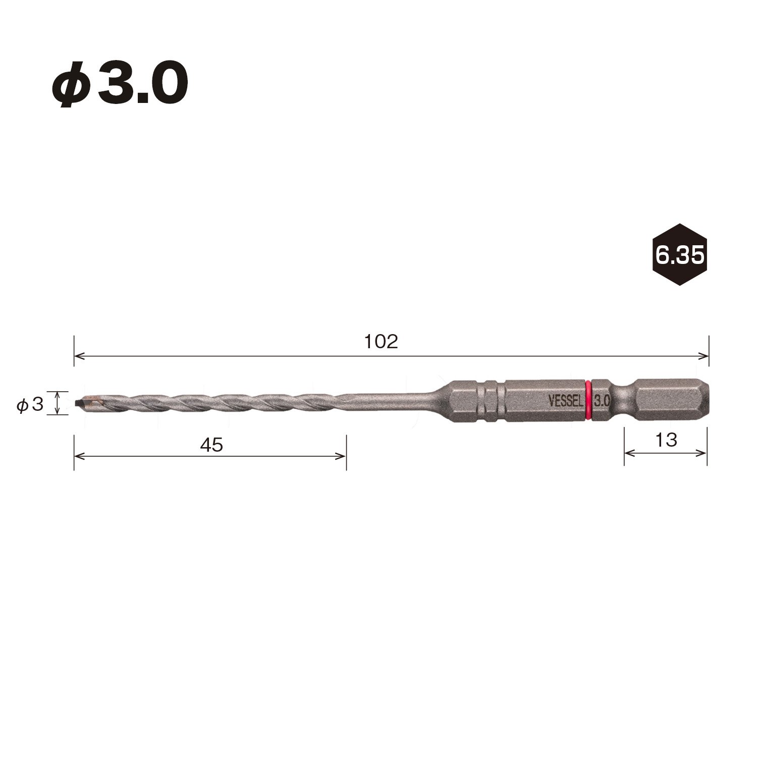 Vessel APD-3.0 Porcelain, Tile Drill Bit, 0.1 inch (3.0 mm)