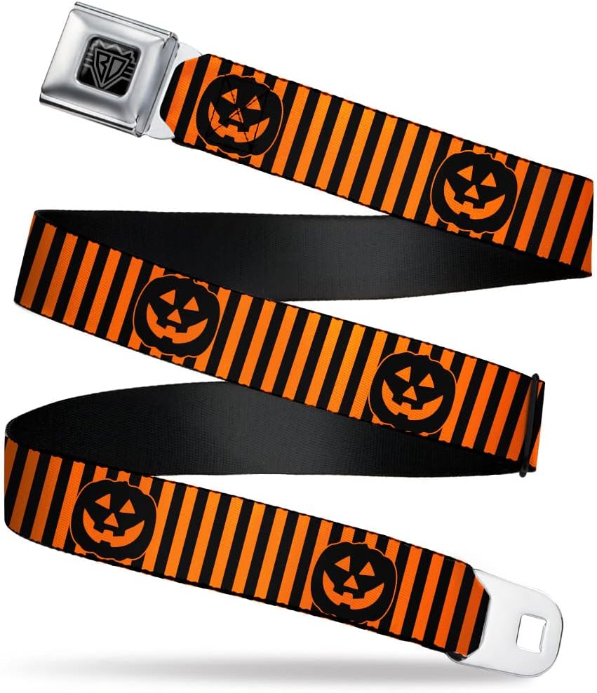 Buckle-Down Belt Seatbelt Buckle Jack O Lantern Pumpkin Stripe Orange Black Mens Womens Kids Adjustable