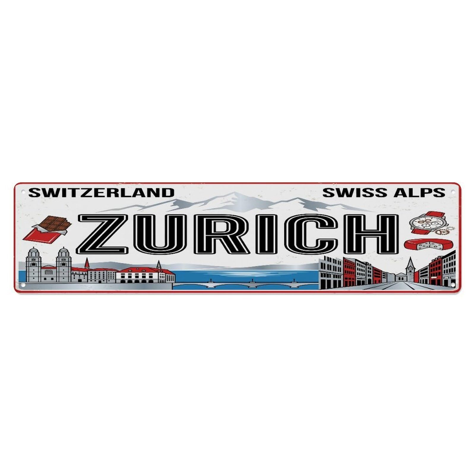 Tgrcjimh Style Metal Tin Sign Vintage Travel Zurich Switzerland Alps Chocolate