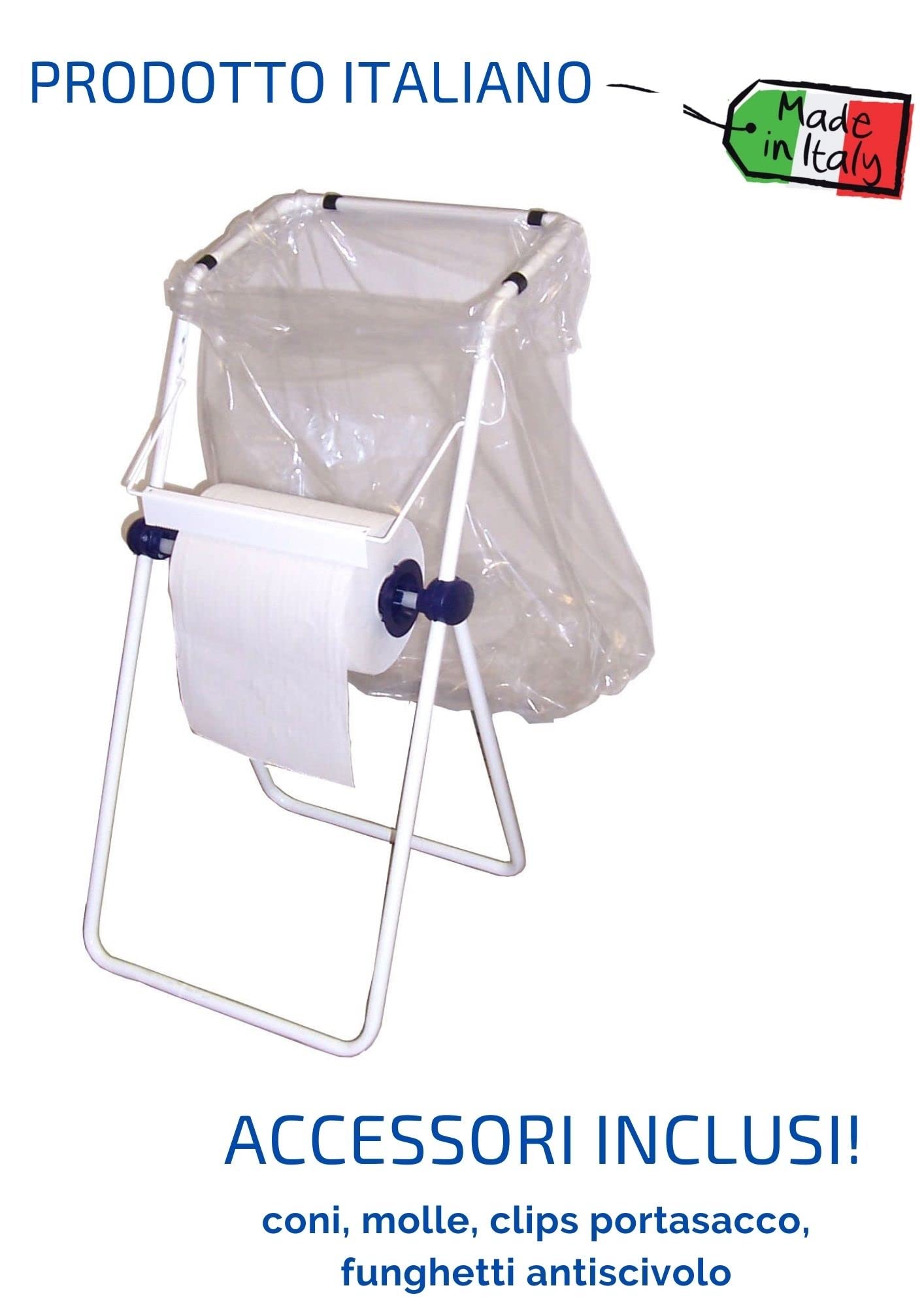 Tecnokit dispenser bobina carta da pavimento con portasacco, rotolo e sacchi omaggio inclusi, struttura acciaio verniciato bianco 45x46x95h con kit montaggio completo