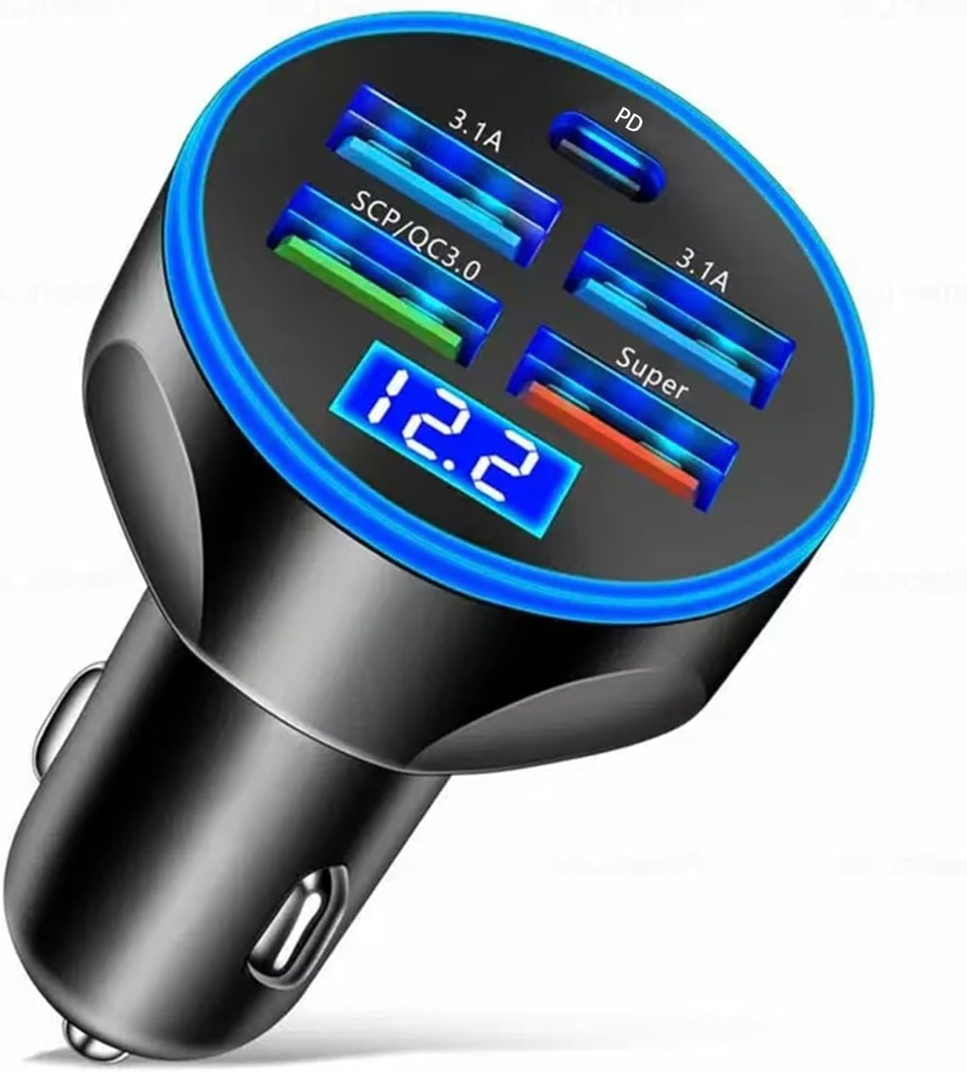 Full PD 30W Multi Port USB C Car Charger Adapter 5 in 1 with Voltage Display, PD4.0/QC4.0/PPS/AFC Super Fast Charging Cigarette Lighter Adapter with Volt Meter for MacBook iPhone Galaxy Android Phones