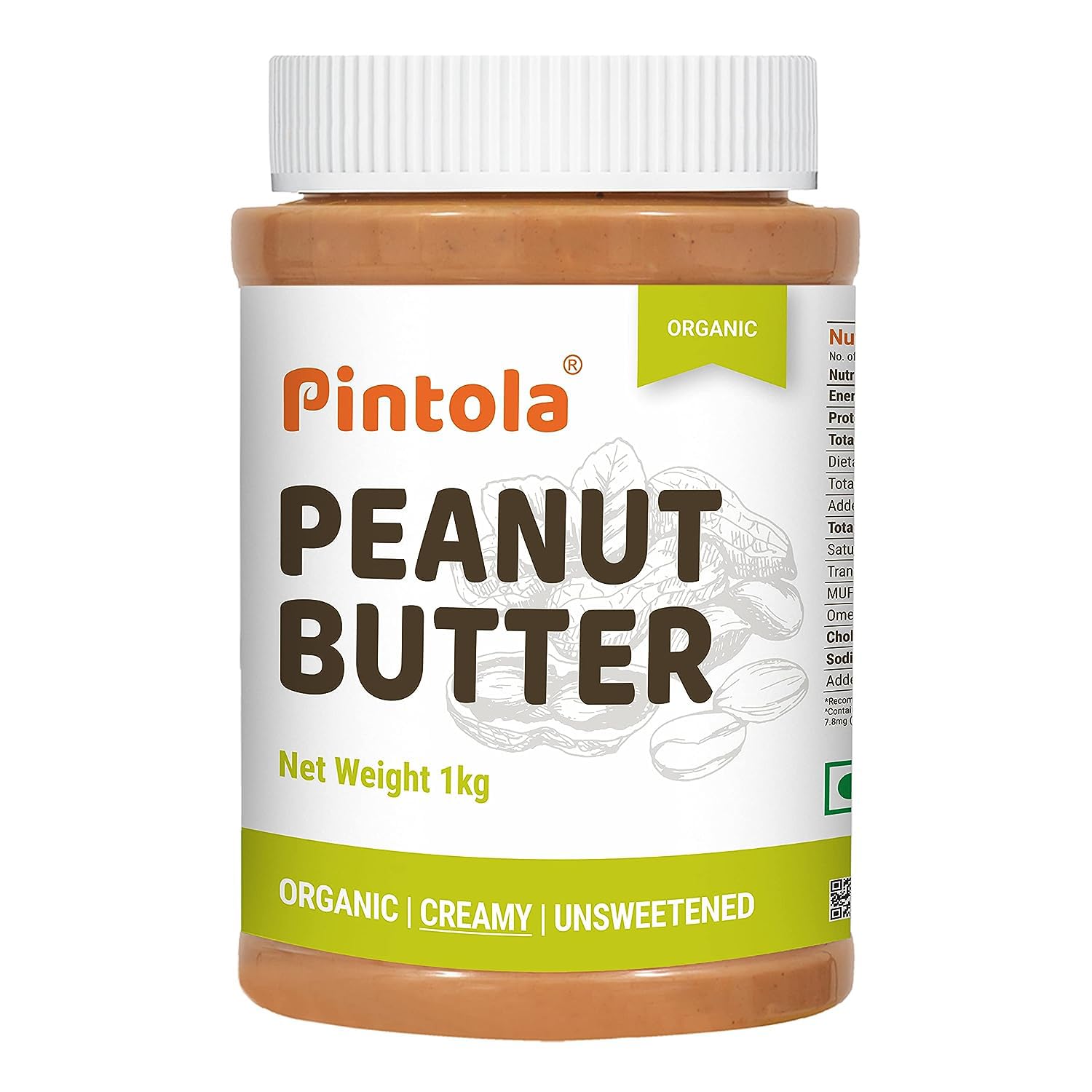 Pintola Organic Unsweetened Peanut Butter Creamy 1kg - High Protein 30g & 9g Dietary Fiber, Made with Organic Peanuts, No Added Sugar, No Preservatives, Helps in Weight Management & Muscle Building
