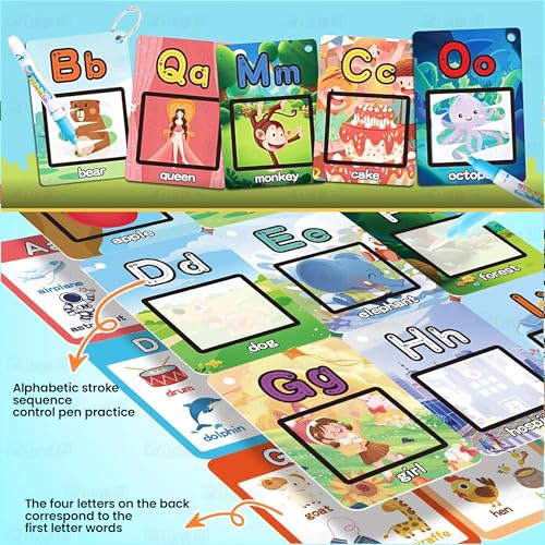 Image of Kidology Alphabet Water Coloring Cards for Kids | Reusable Mess-Free Aqua Painting Flash Cards | 26 ABC Learning Cards with 2 Water Pens, Metal Rings | Drawing, Tracing & Early Education Toy
