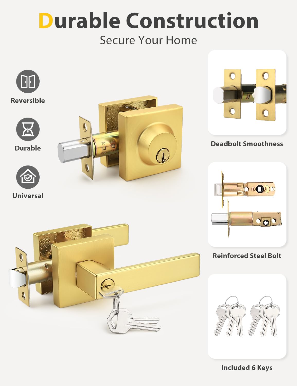 Tinewa Confezione da 6 maniglie per porte anteriori/esterne con serratura a cilindro singolo, in ottone satinato, set combinato, per porte d'ingresso/porte anteriori e da ufficio