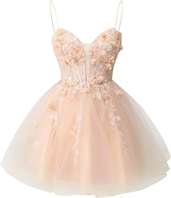 Zeeyecie 3D Floral Tulle Homecoming Dresses Sparkly Lace Applique Beaded Short Prom Dress for Teens Quinceanera DAMA Dress