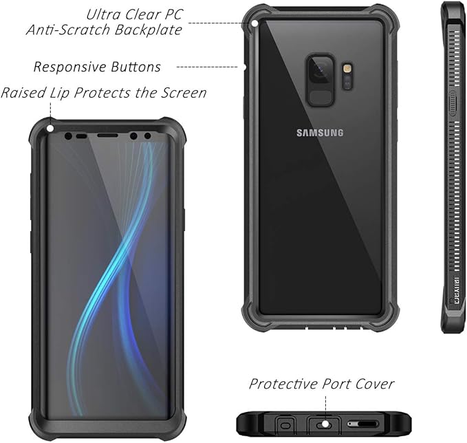 Dexnor Galaxy S9 Case with Screen Protector Clear Military Grade Rugged 360 Full Body Protective Shockproof Hard Back Cover Defender Heavy Duty Bumper Case for Samsung Galaxy S9 - Black